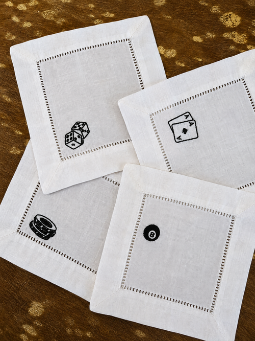 Game Night Embroidered Linen Cocktail Napkin Set