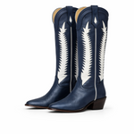Navy handmade cowgirl boot with subtle metallic shimmer