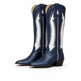 Navy handmade cowgirl boot with subtle metallic shimmer