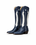 Navy handmade cowgirl boot with subtle metallic shimmer