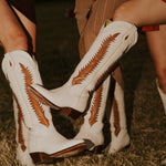 Ivory cowgirl boot with camel inlay detail