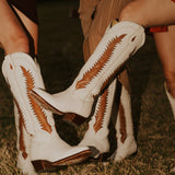 Ivory cowgirl boot with camel inlay detail