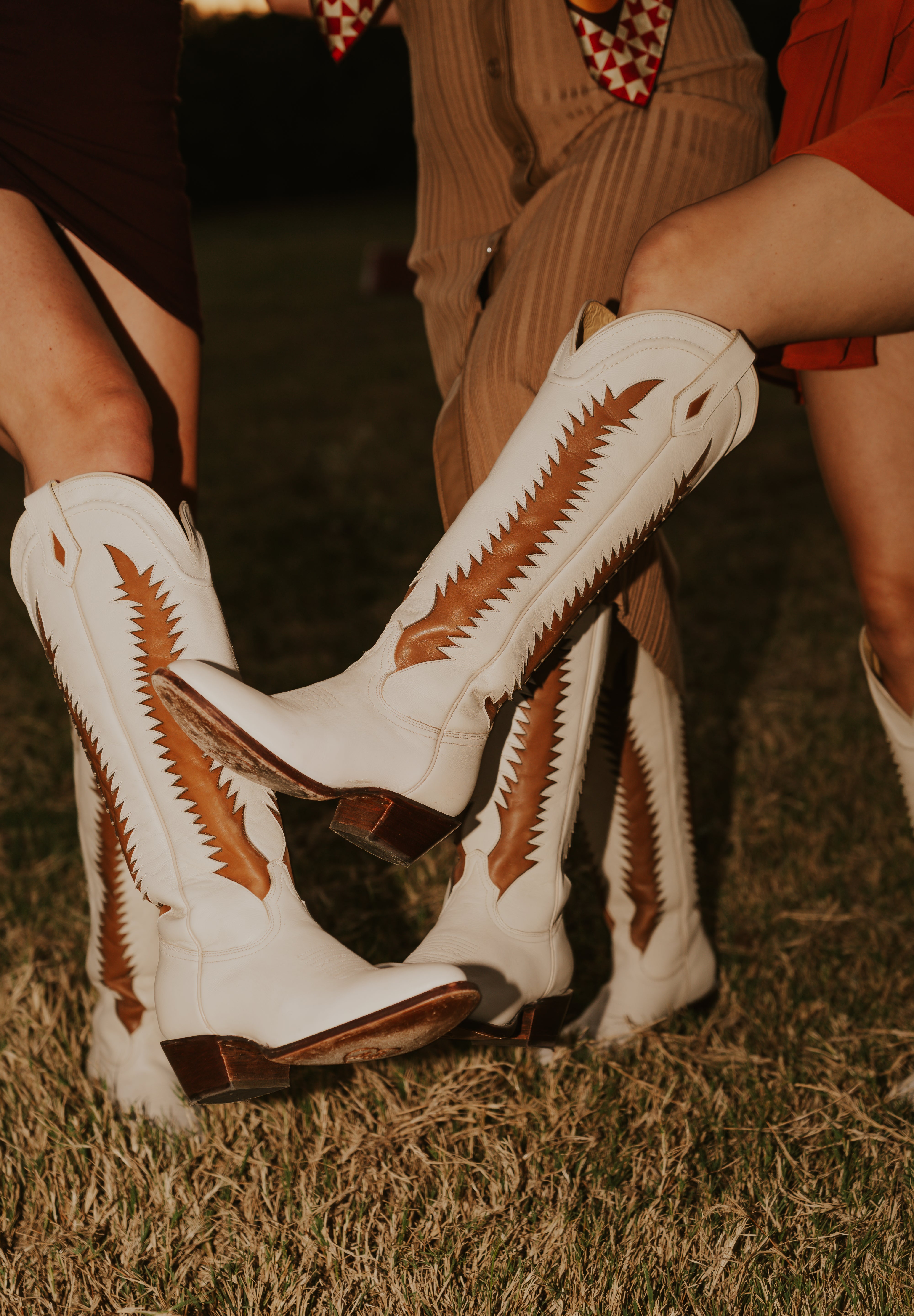 Ivory cowgirl boot with camel inlay detail