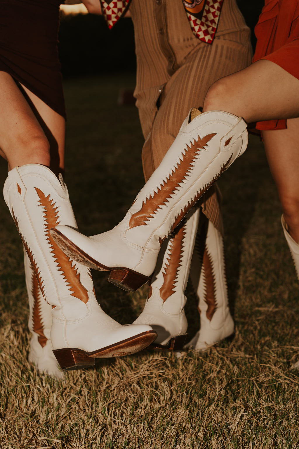 Ivory cowgirl boot with camel inlay detail