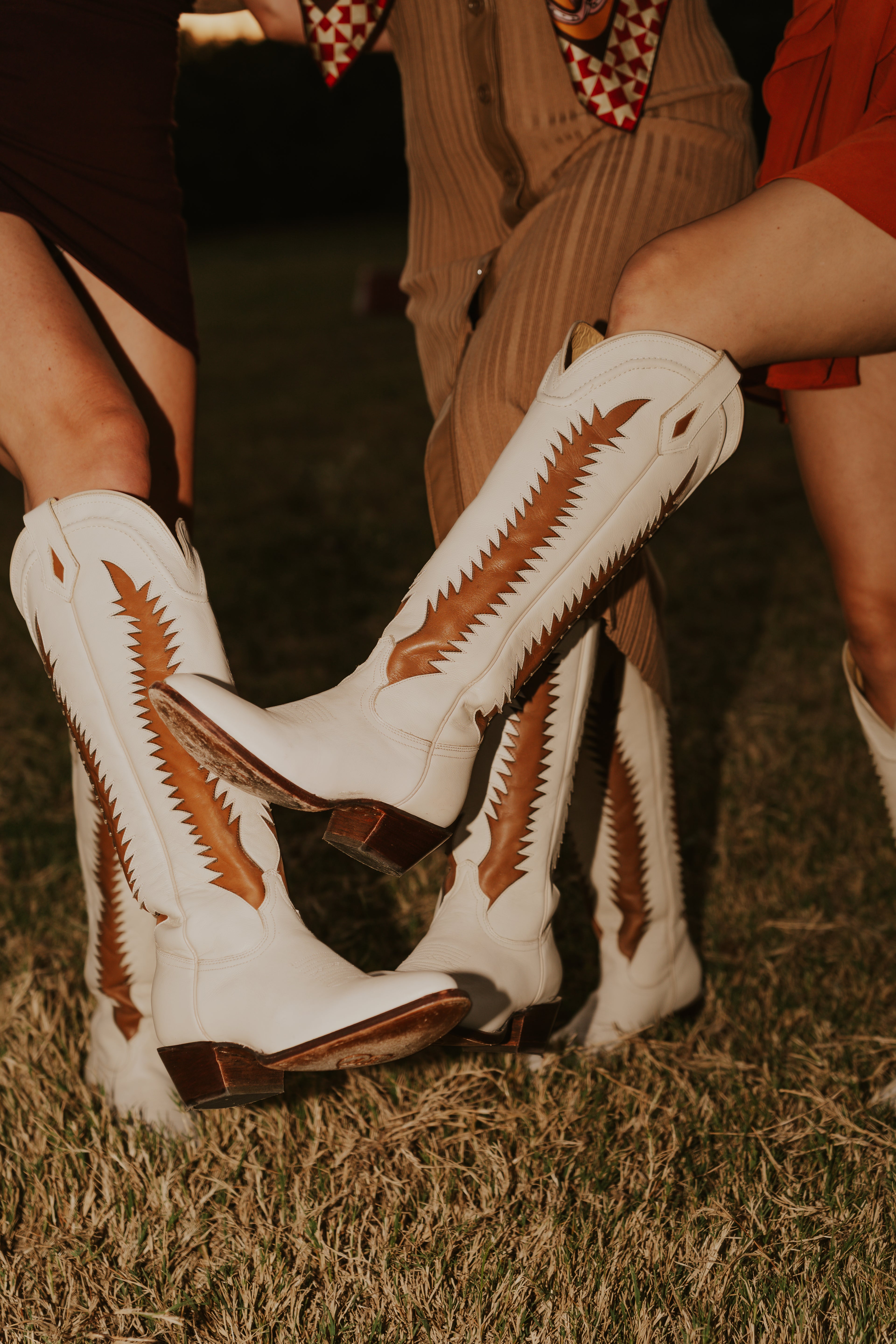 Ivory cowgirl boot with camel inlay detail