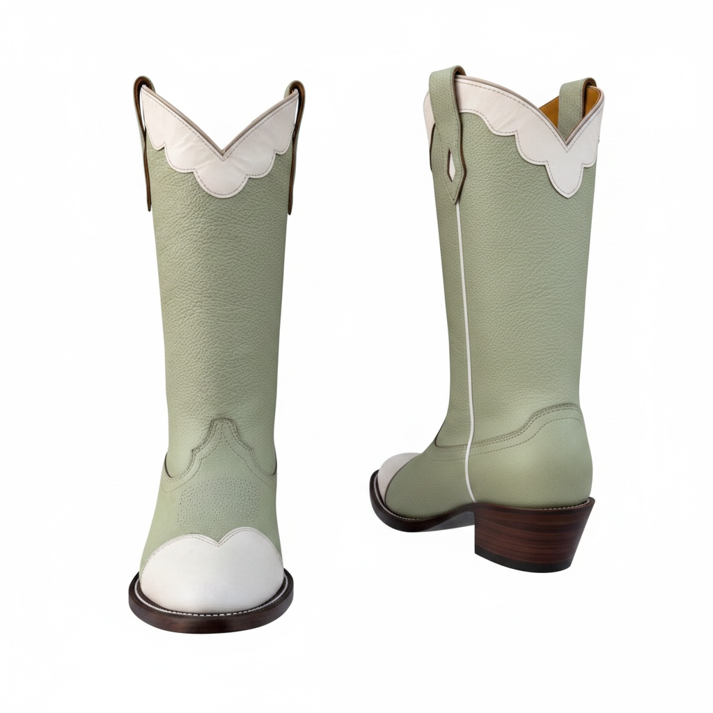 Pair of green cowboy boots with white accents on a white background